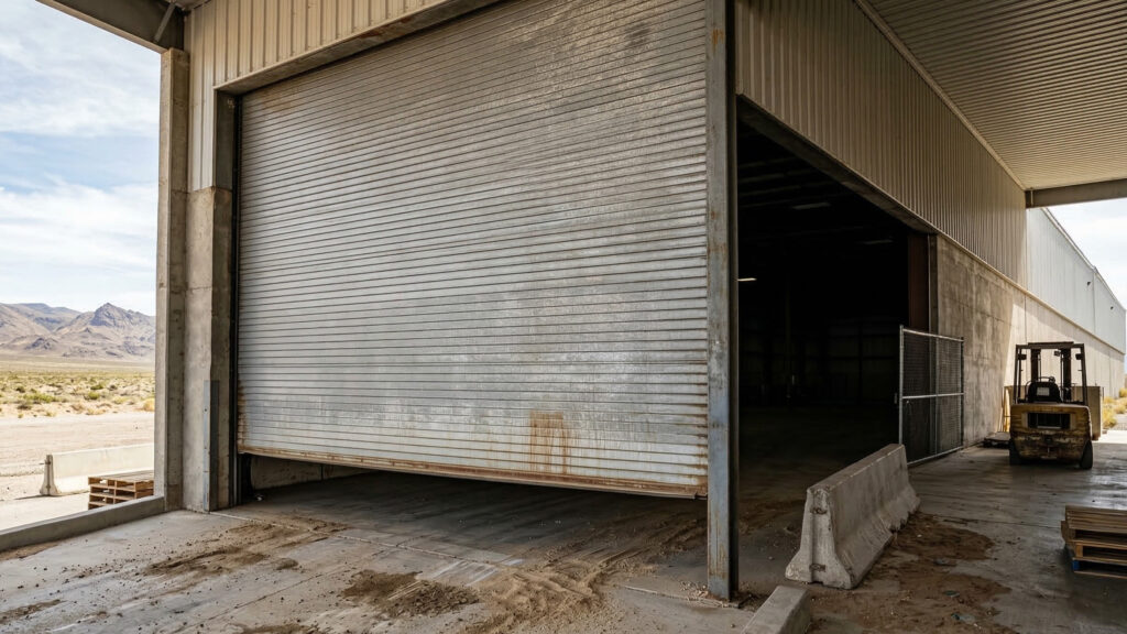 Wide shot of a large commercial steel rolling door 
at a Nevada warehouse loading dock in early spring, 
showing visible salt residue and dust stains on 
the door panels and concrete threshold, with a 
bright desert sky and distant mountains in the 
background — representing post-winter door 
maintenance needs in Nevada facilities.