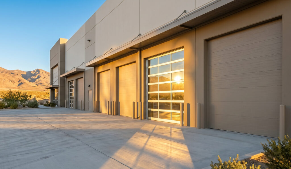 Modern commercial overhead doors on a flex-space building in Nevada desert enhancing curb appeal for prospective tenants